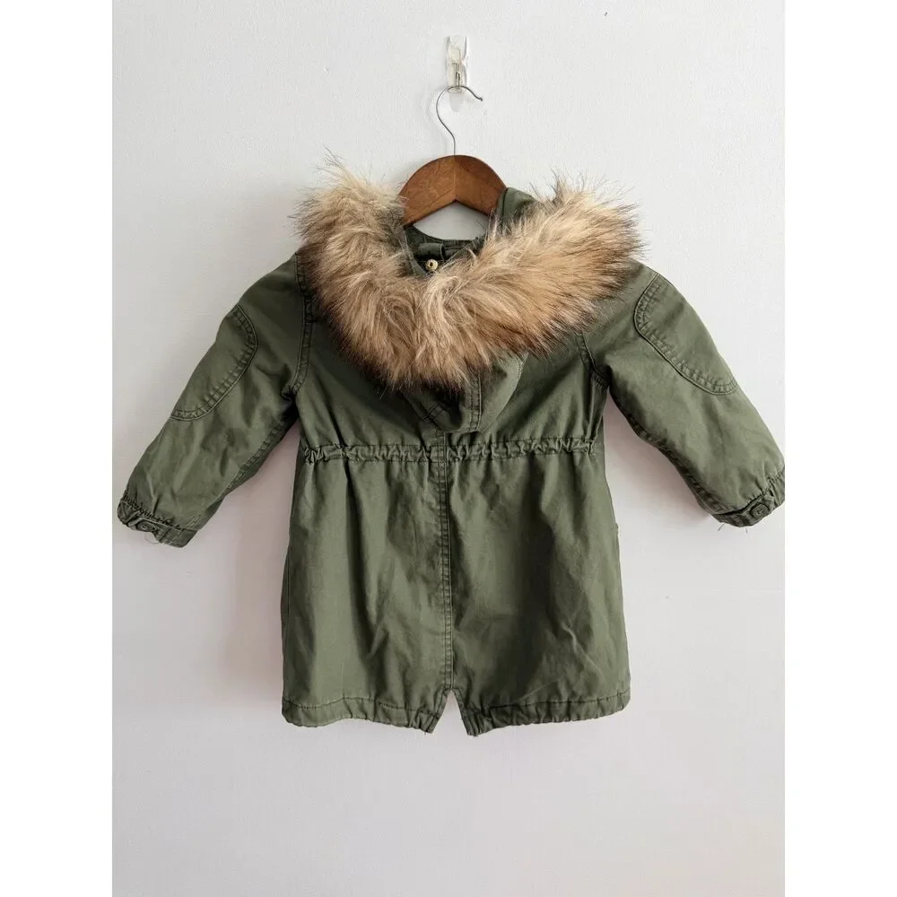 Baby Gap Toddler 3 Years Olive Green Faux Fur Hood Utility Parka Jacket